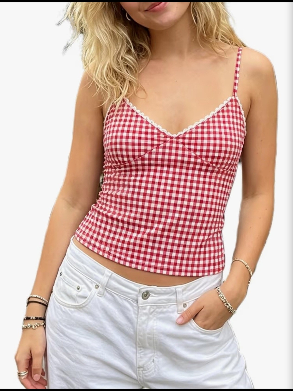 Red Gingham Spaghetti Strap Tank Top - , Women Tops
